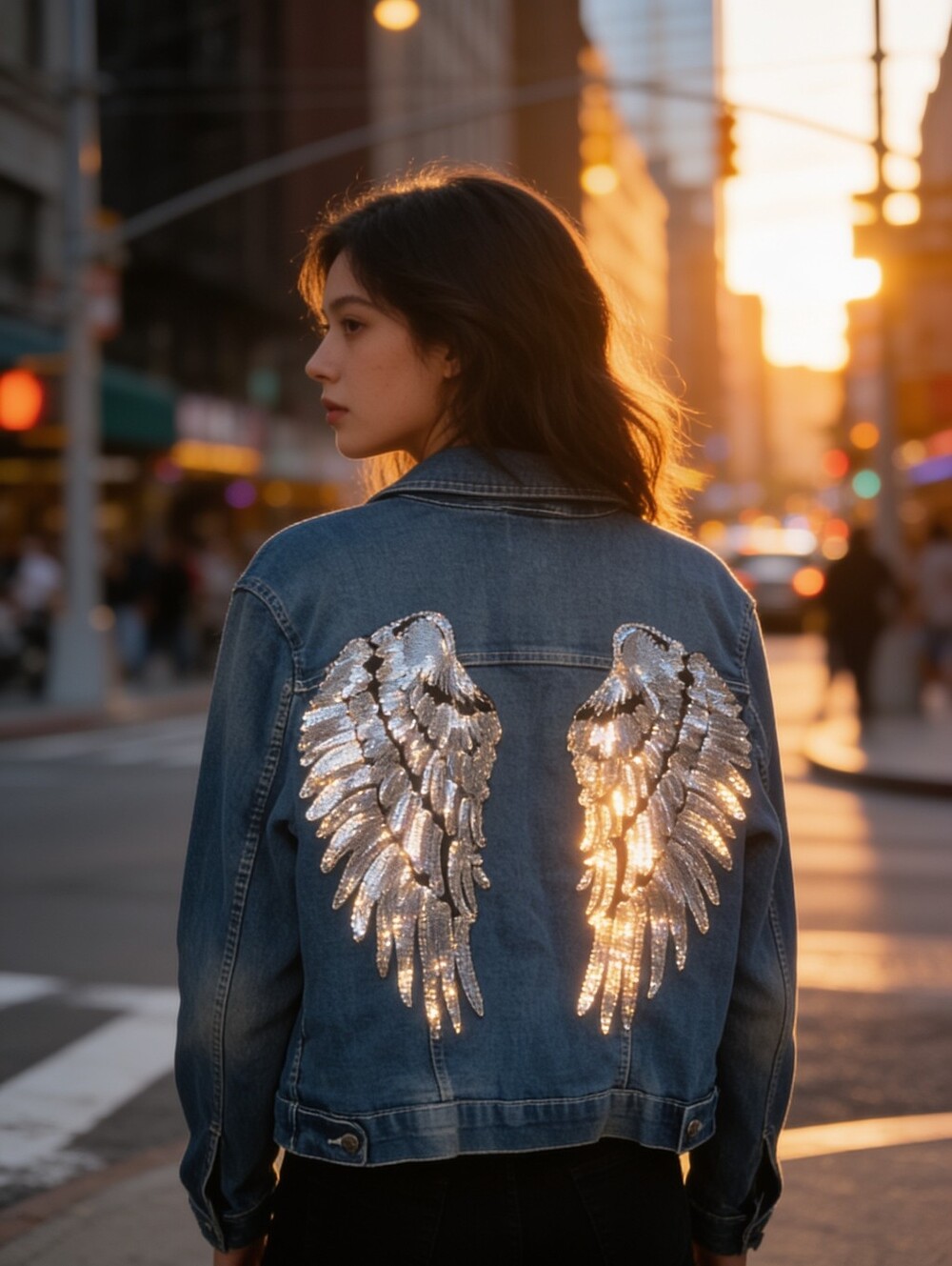 VENUS Medium Blue Denim Jacket with Chest Pockets With Sequin Angel Wings
